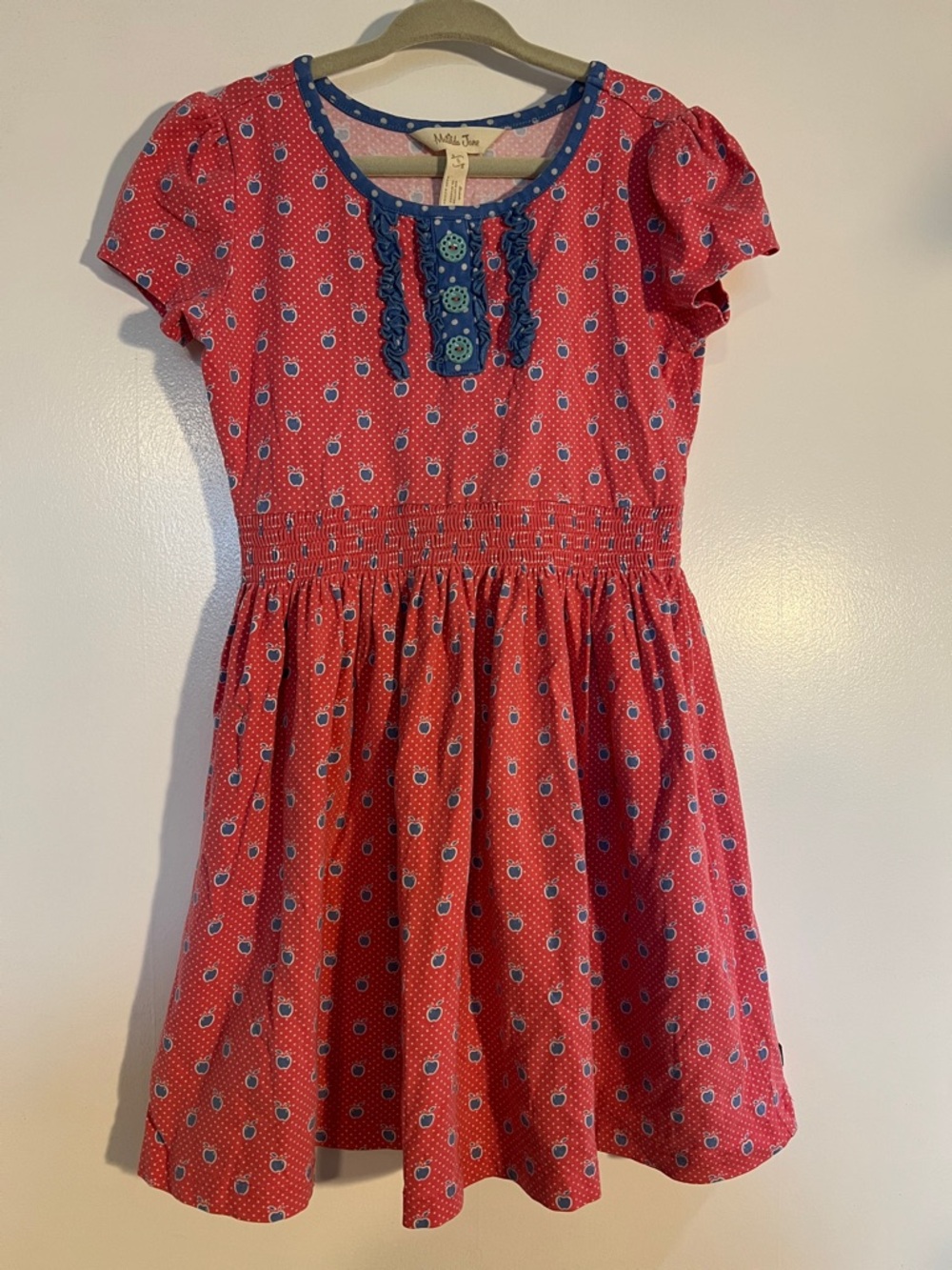 Matilda Jane Coral Dress with Blue Trim, apples and dots